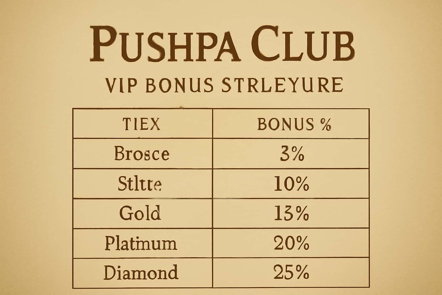 An informational graphic representing the Pushpa Club VIP Bonus Structure.