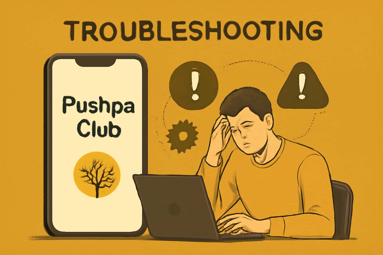 Informational scene about troubleshooting the Pushpa Club App with technical elements.