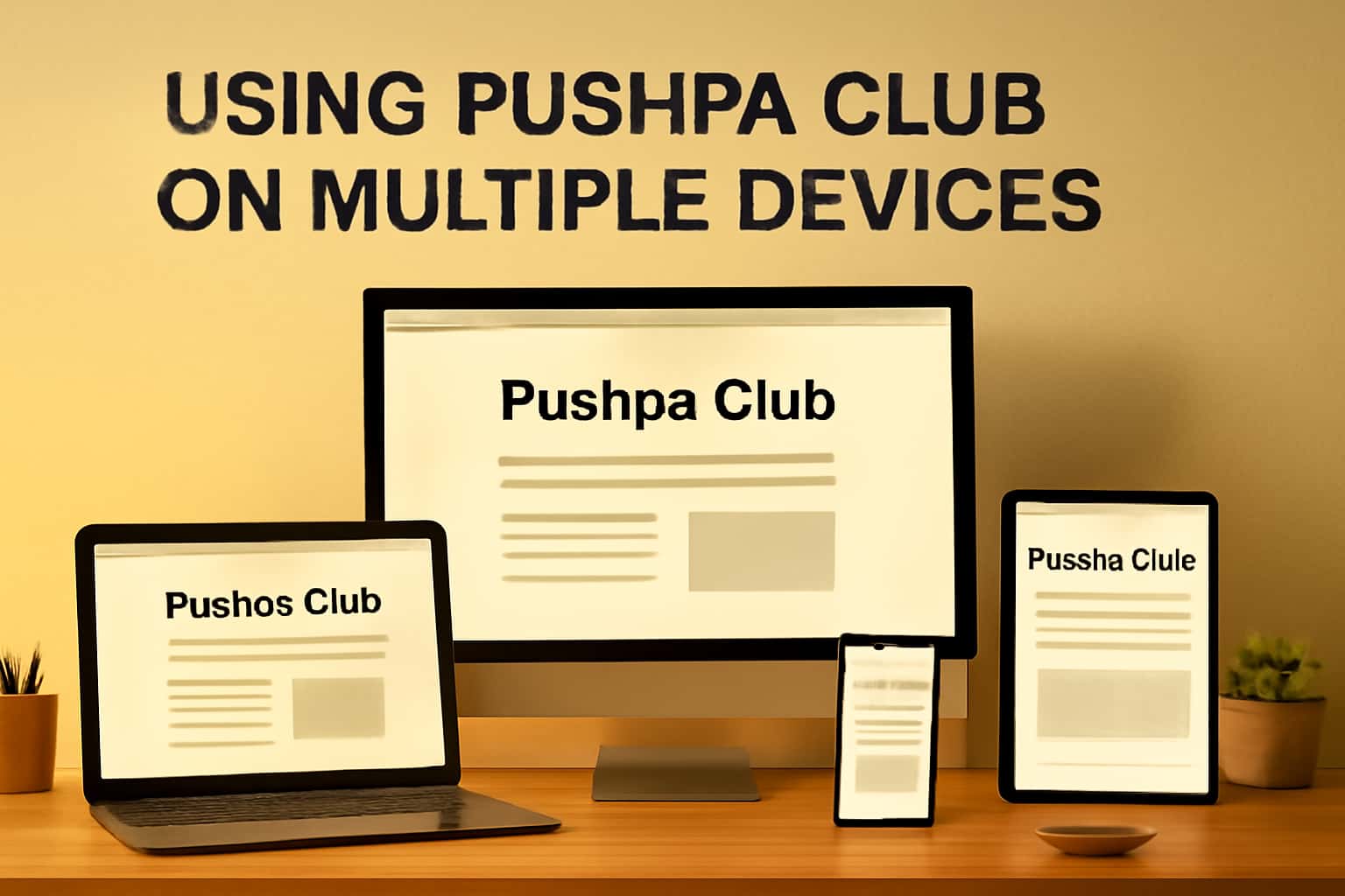 An informative scene showcasing the concept of using Pushpa Club on multiple devices with focus on connectivity.